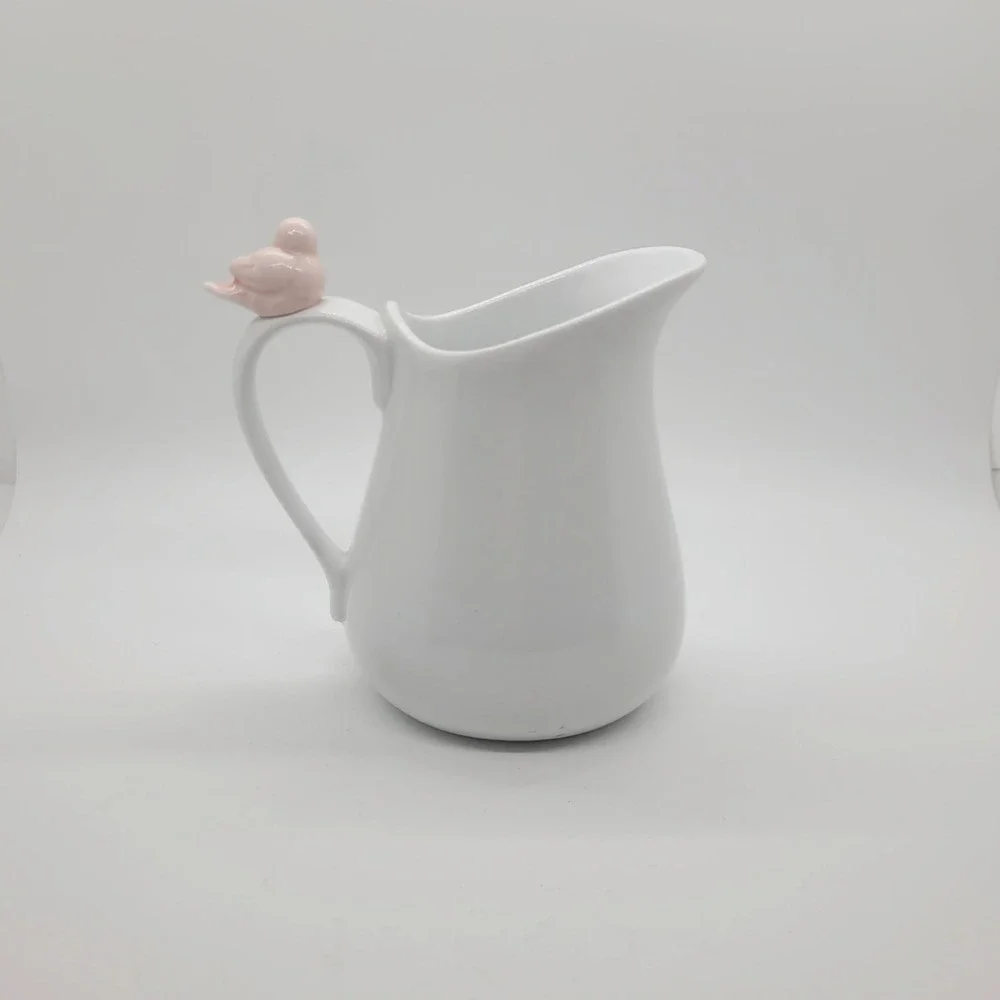 Cordon Bleu BIA White Ceramic Creamer Pitcher with Pink Bird Figurine Handle